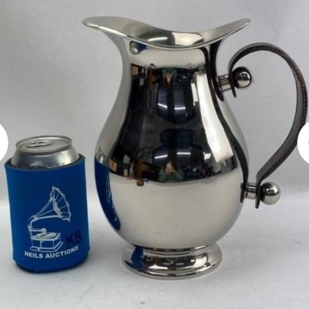 Polished Stainless Steel Pitcher Brown Faux Crocodile Leather Wrapped Handle - Picture 3 of 8
